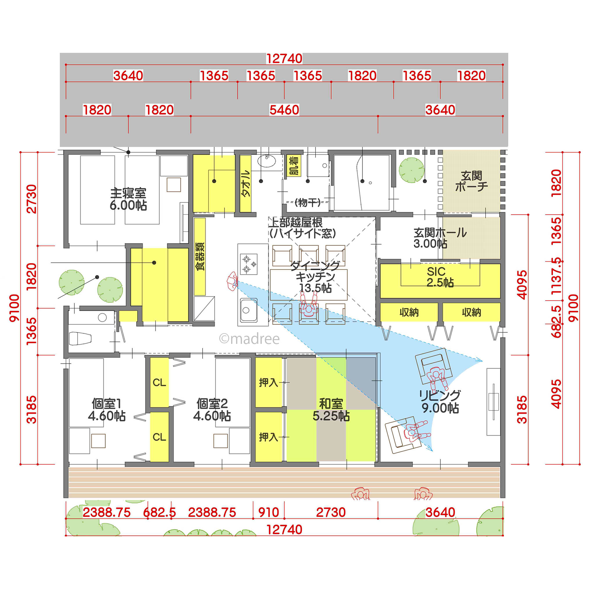家族が自立して生活できる、生活動線上に収納のある平屋