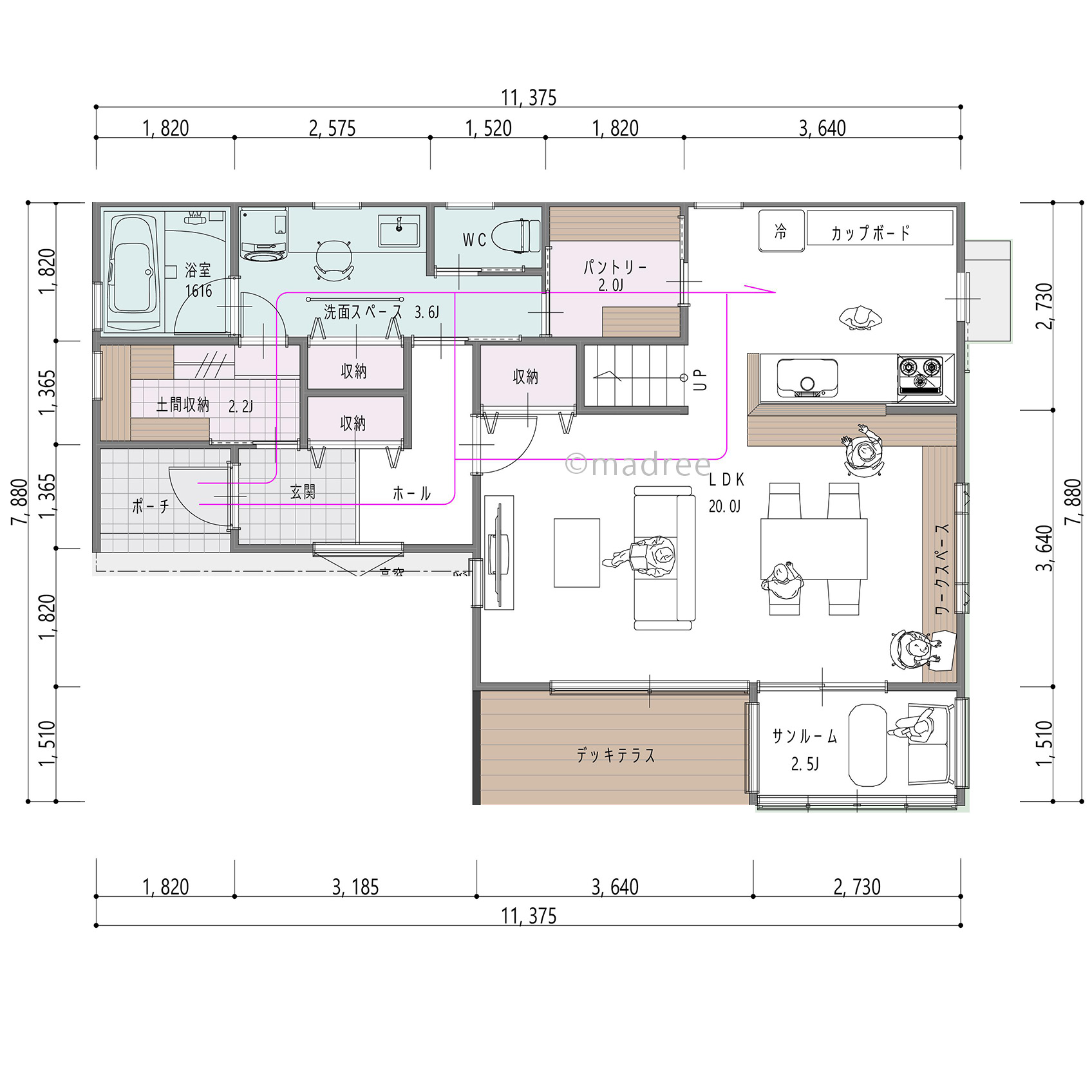 一直線の家事動線で時短叶う、ゆったり空間で親子時間育む家