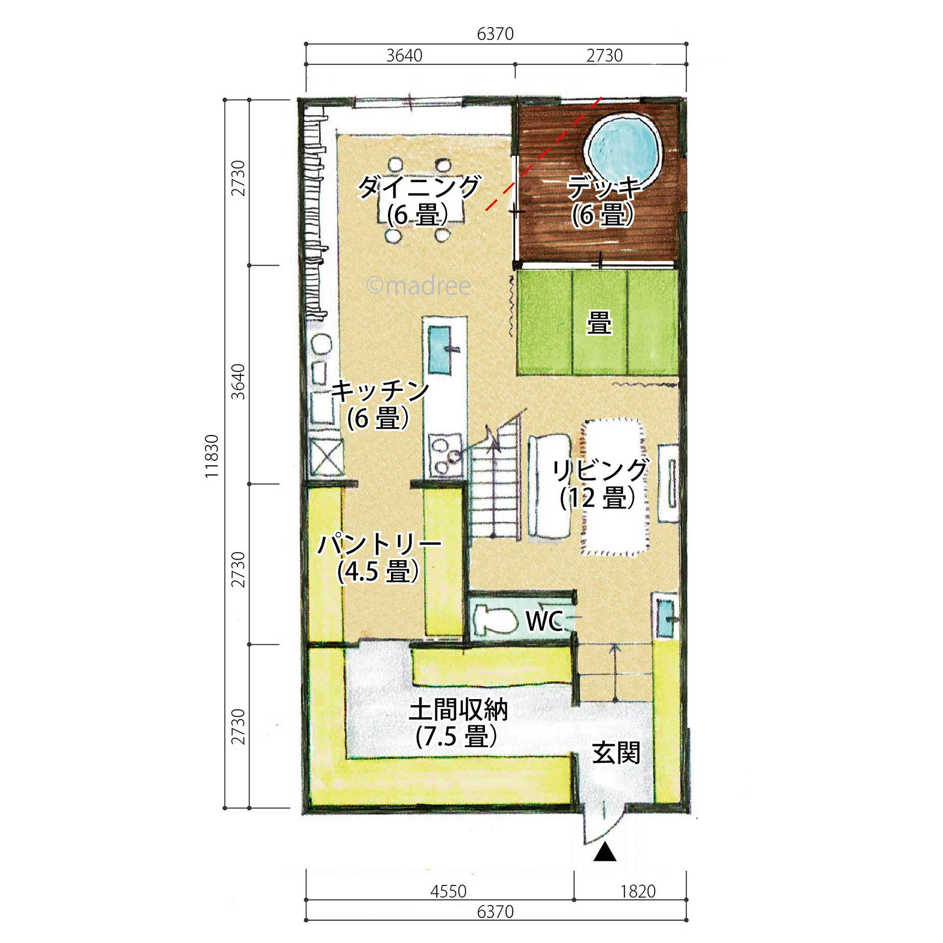 家の真ん中オープン階段で1階２階がつながる、シンプルスタイルの家