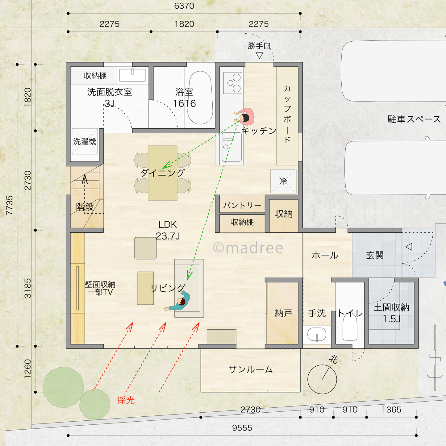 南向きリビングで明るく暖かい、朝日ですっきり目覚める光に満ちた家