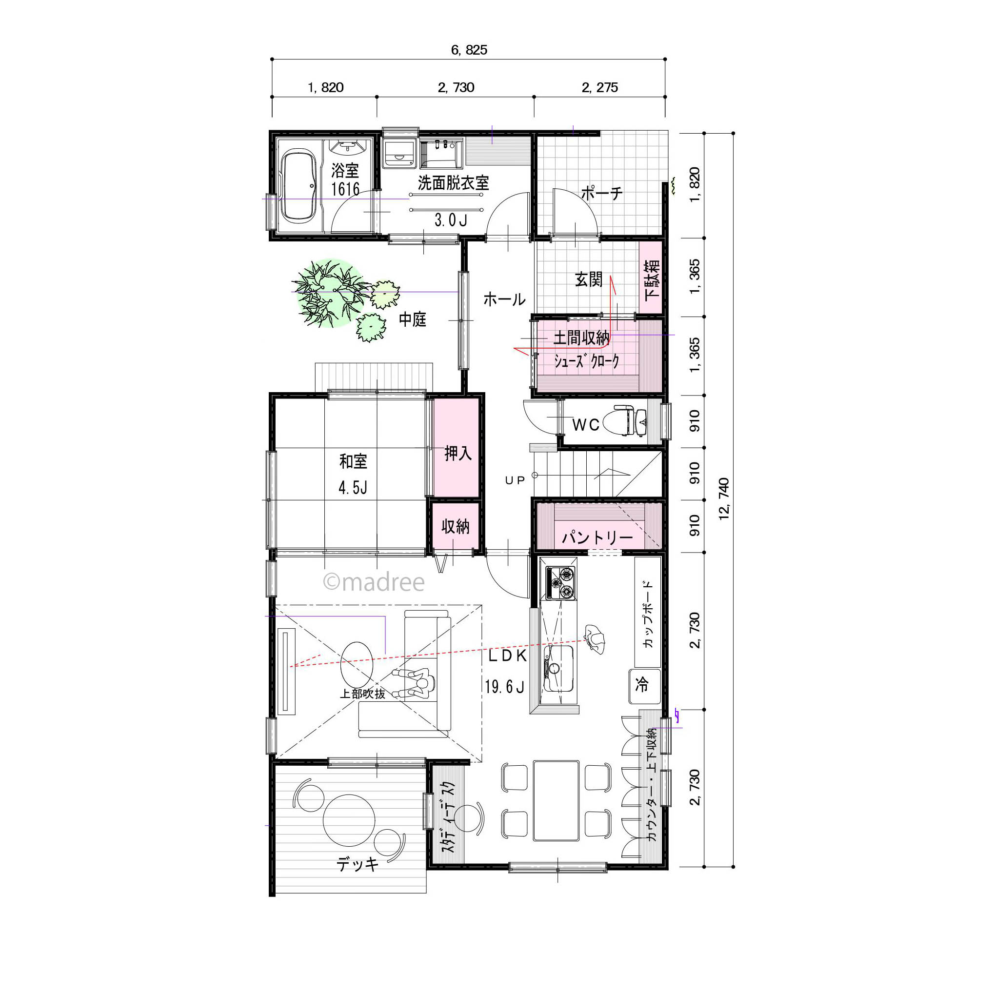 玄関前に広がる爽やかな空間、家中に光と風を届ける中庭のある家