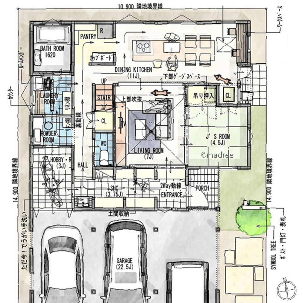 ダイニングの余白をゲージスペースに活用、家の中でも軽く走れる回遊動線のある家