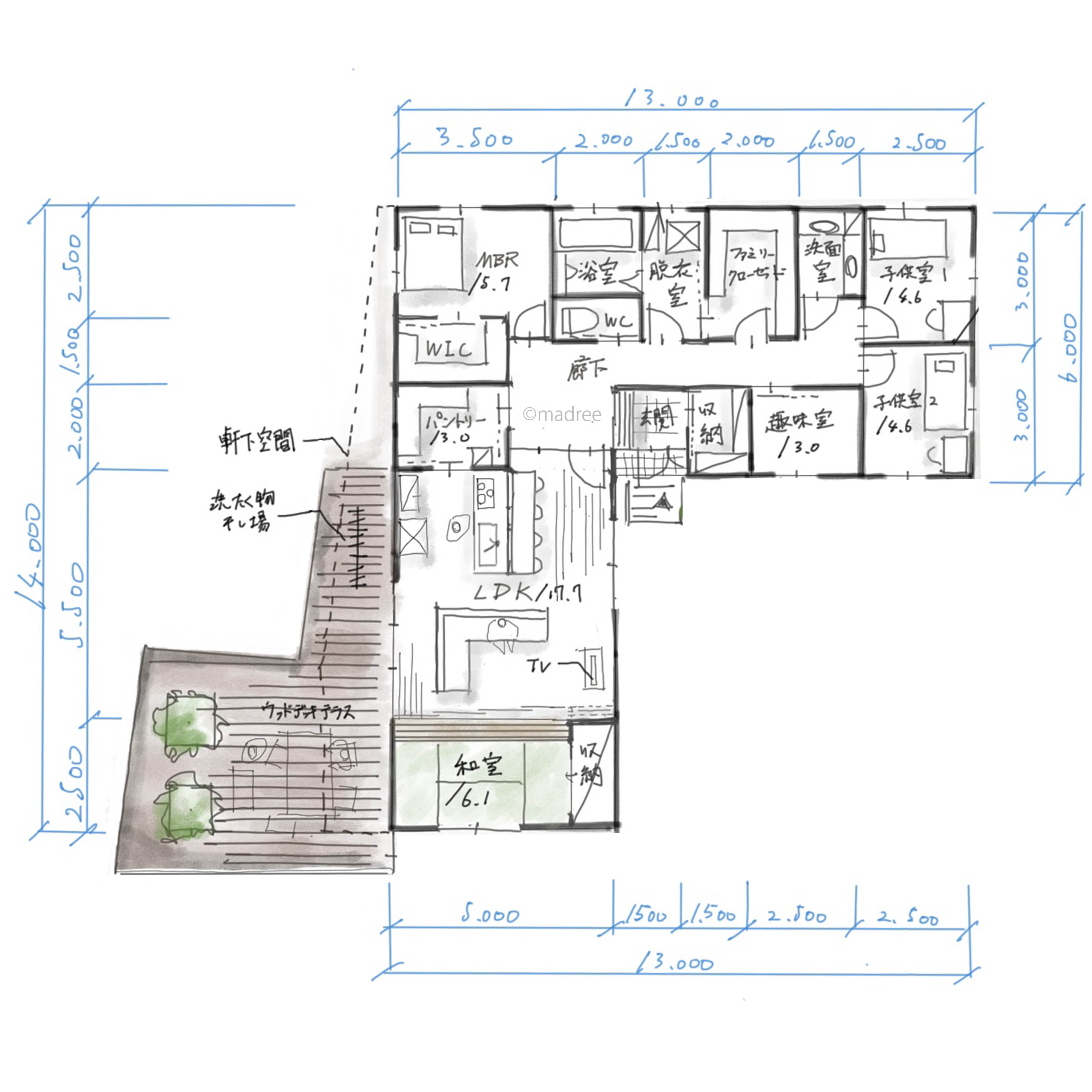 建物の中心に家事空間を集約、扉で生活音とプライバシーに配慮できる平屋