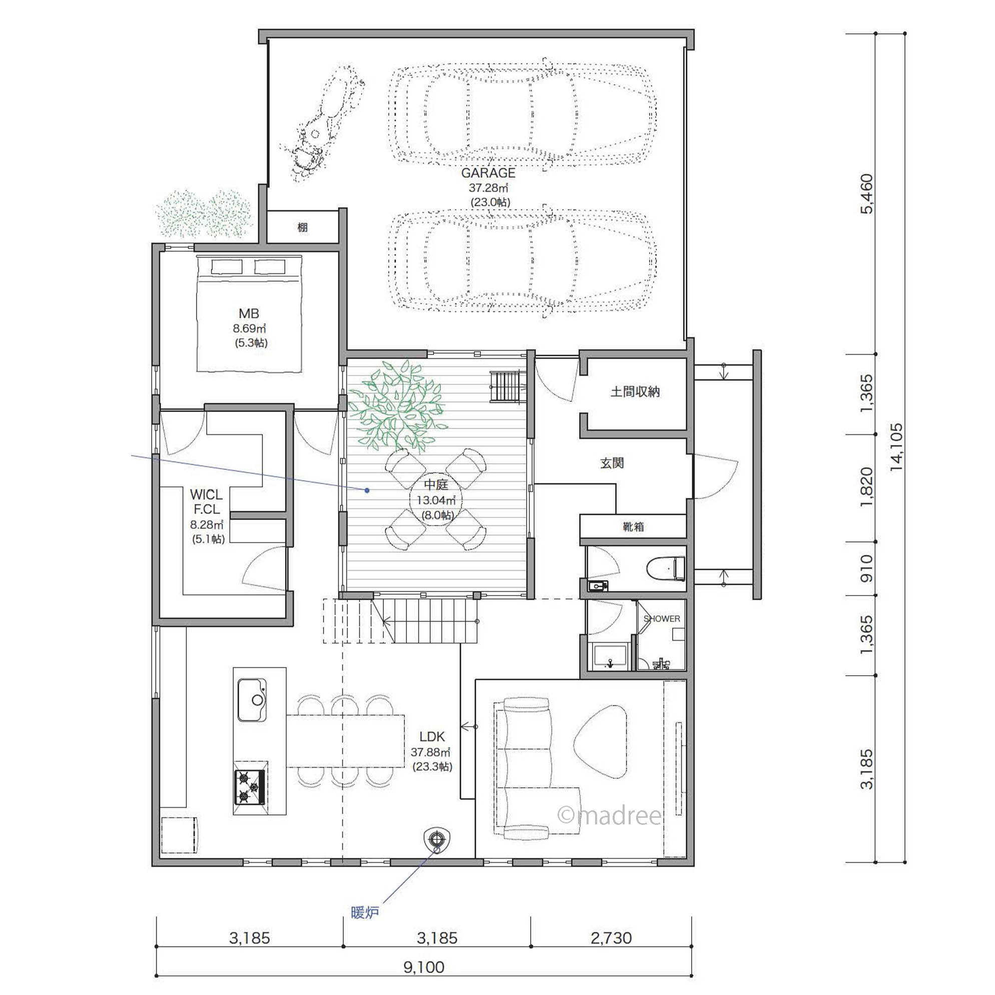 完全プライベートな中庭を囲んでリラックスしながら心地良く暮らせる間取り