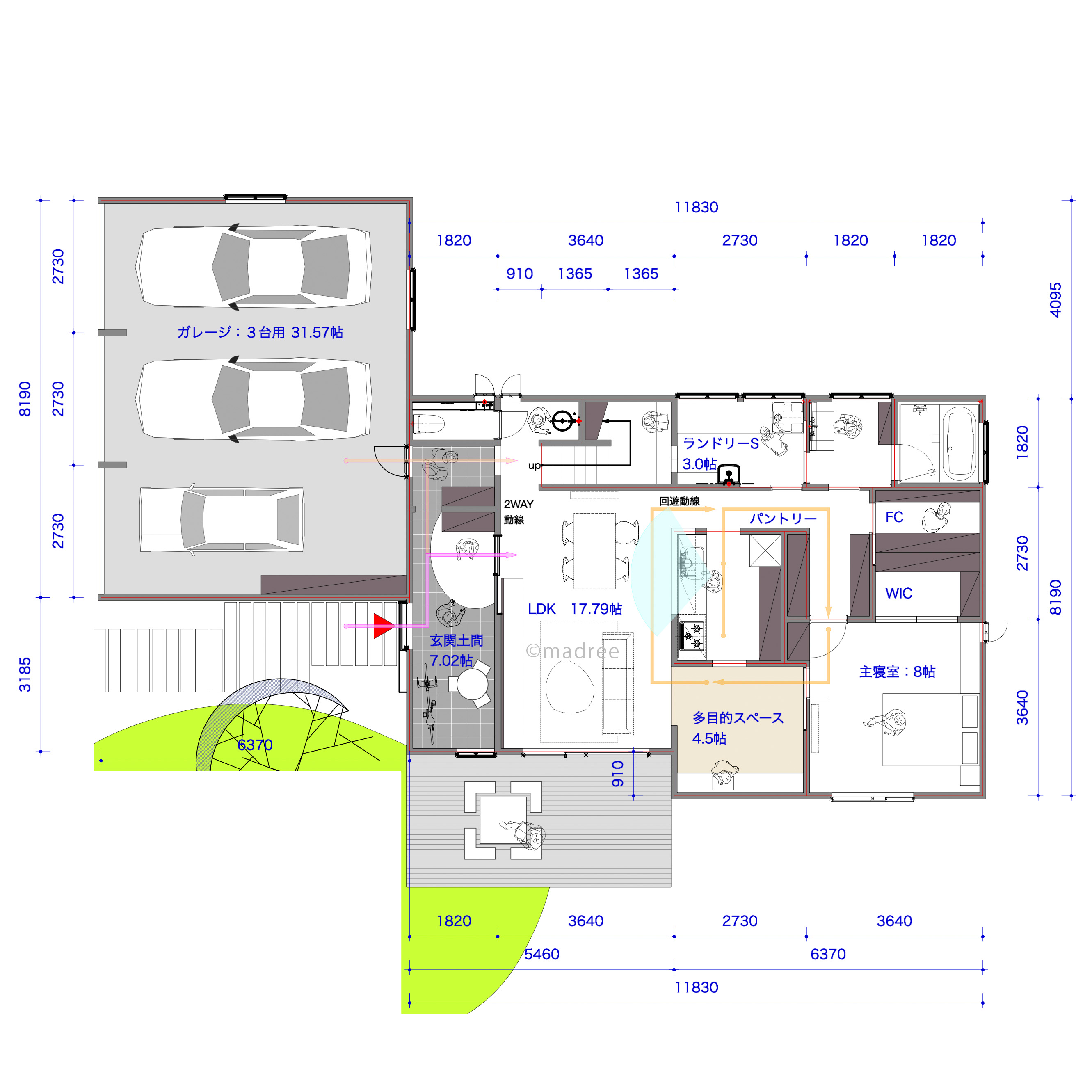 キッチン中心の回遊動線でサクサク家事、くつろぎ空間で自分時間も楽しむ家