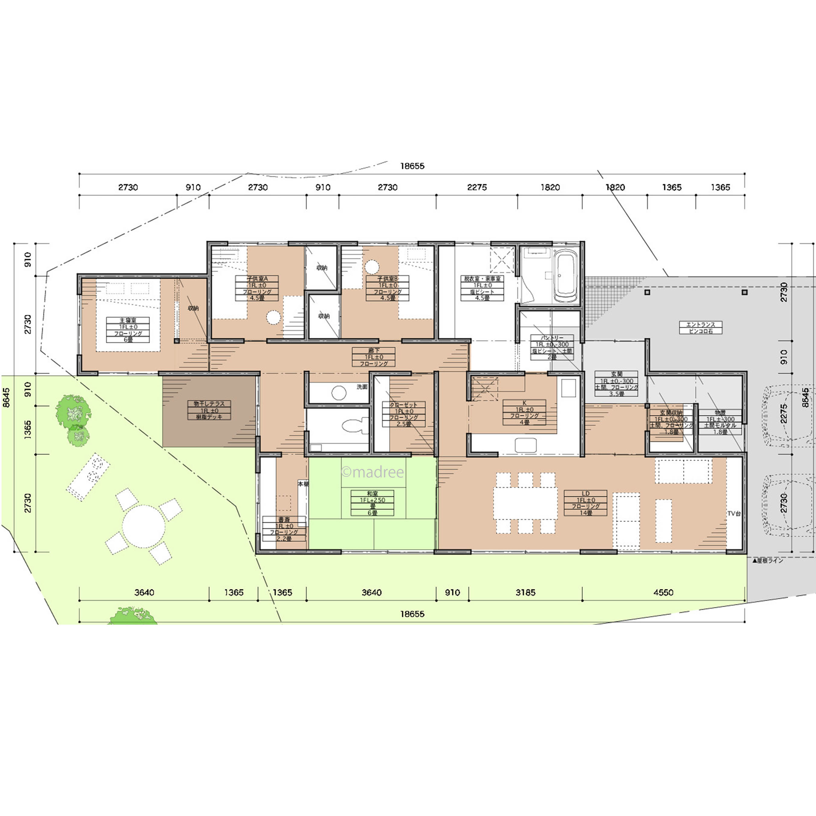 横長リビングの開放感、広い庭と眺望を楽しむ高台の平屋