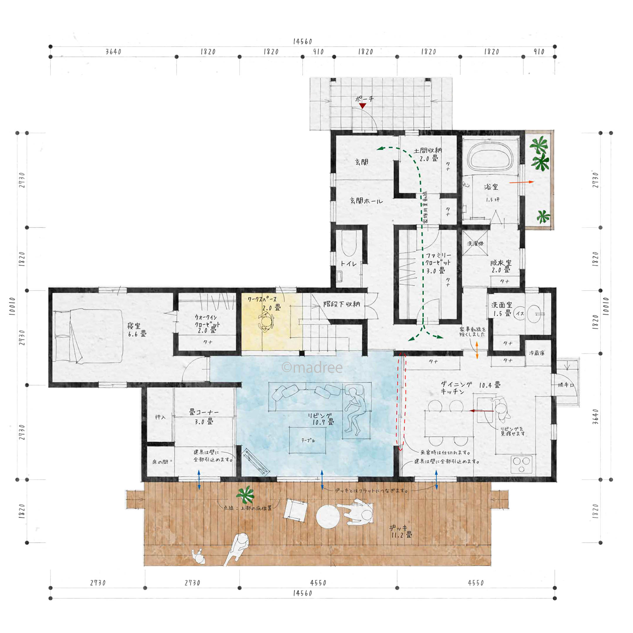 生活リズムに配慮して動線を集約、扉付きリビングを中心に空間分けした家