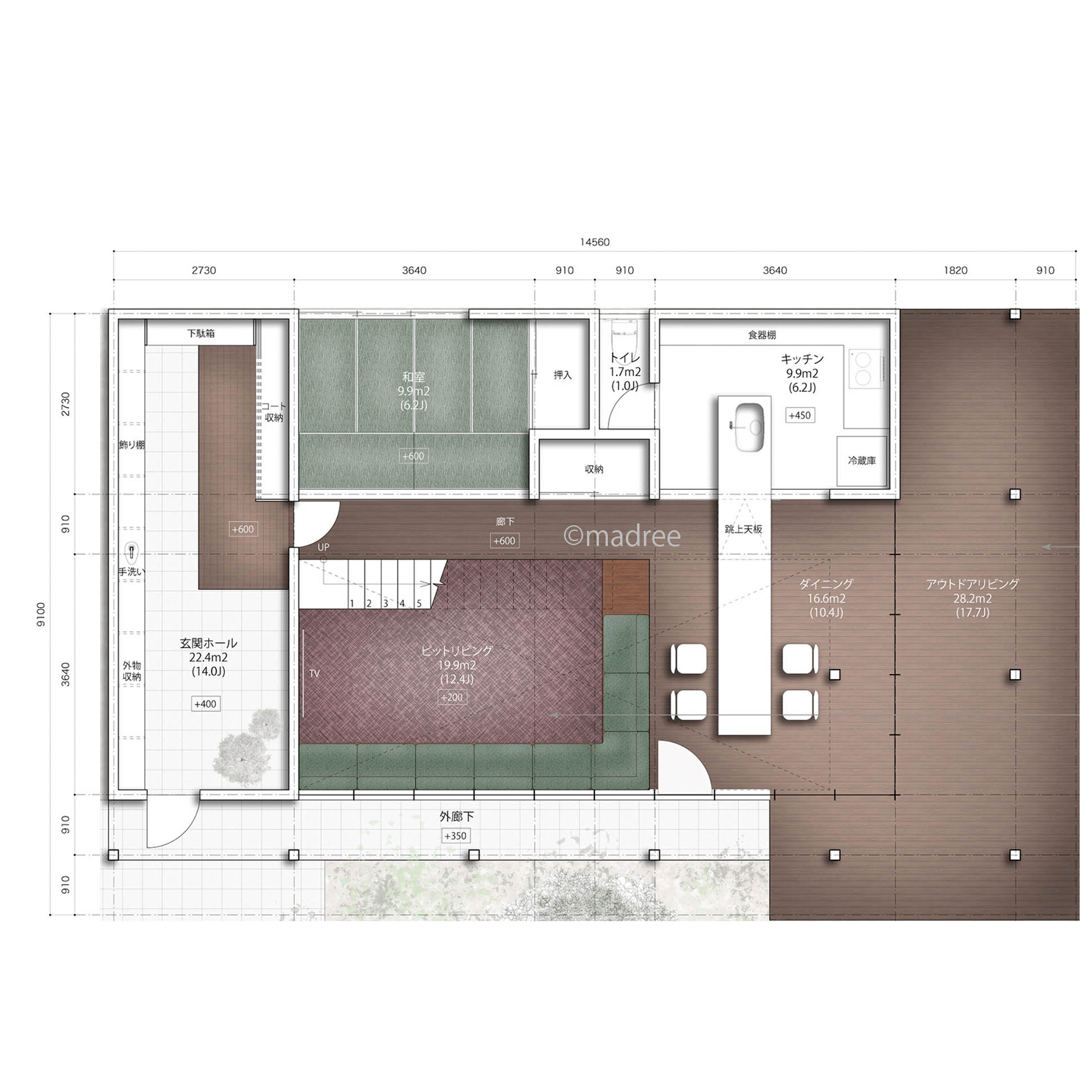 アウトドアリビングとピットリビング、２つのスタイルを持つまるでホテル！？な家