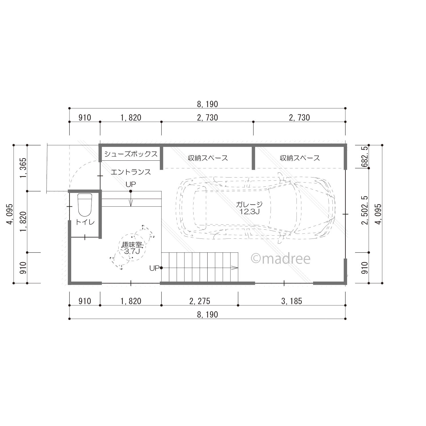 インナーガレージは趣味の空間、居心地の良い狭小地３階建の家