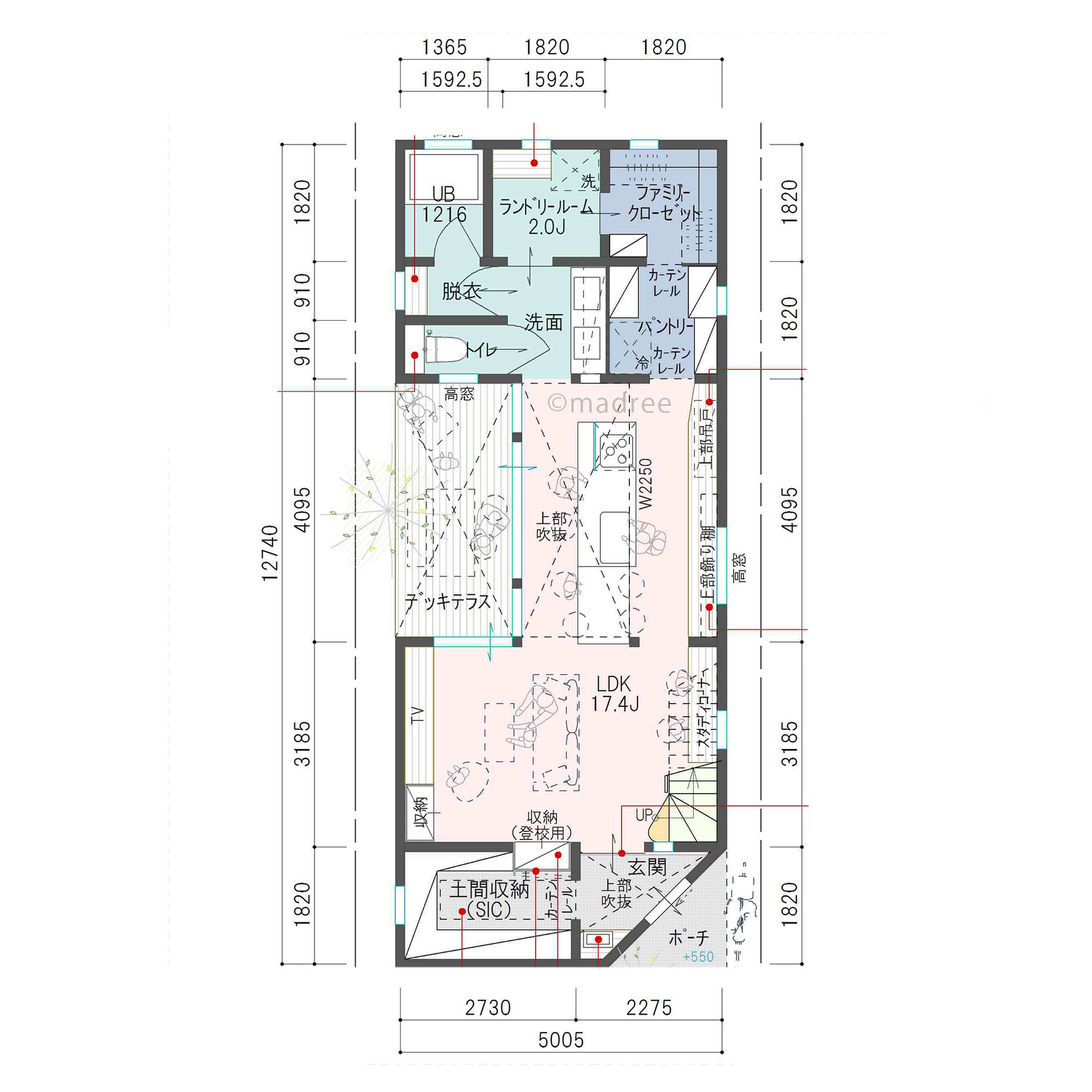 シンボルツリーとデッキ、吹き抜けで明るく開放的！ラウンジの寛ぎスペースで一息つける縦長の間取り