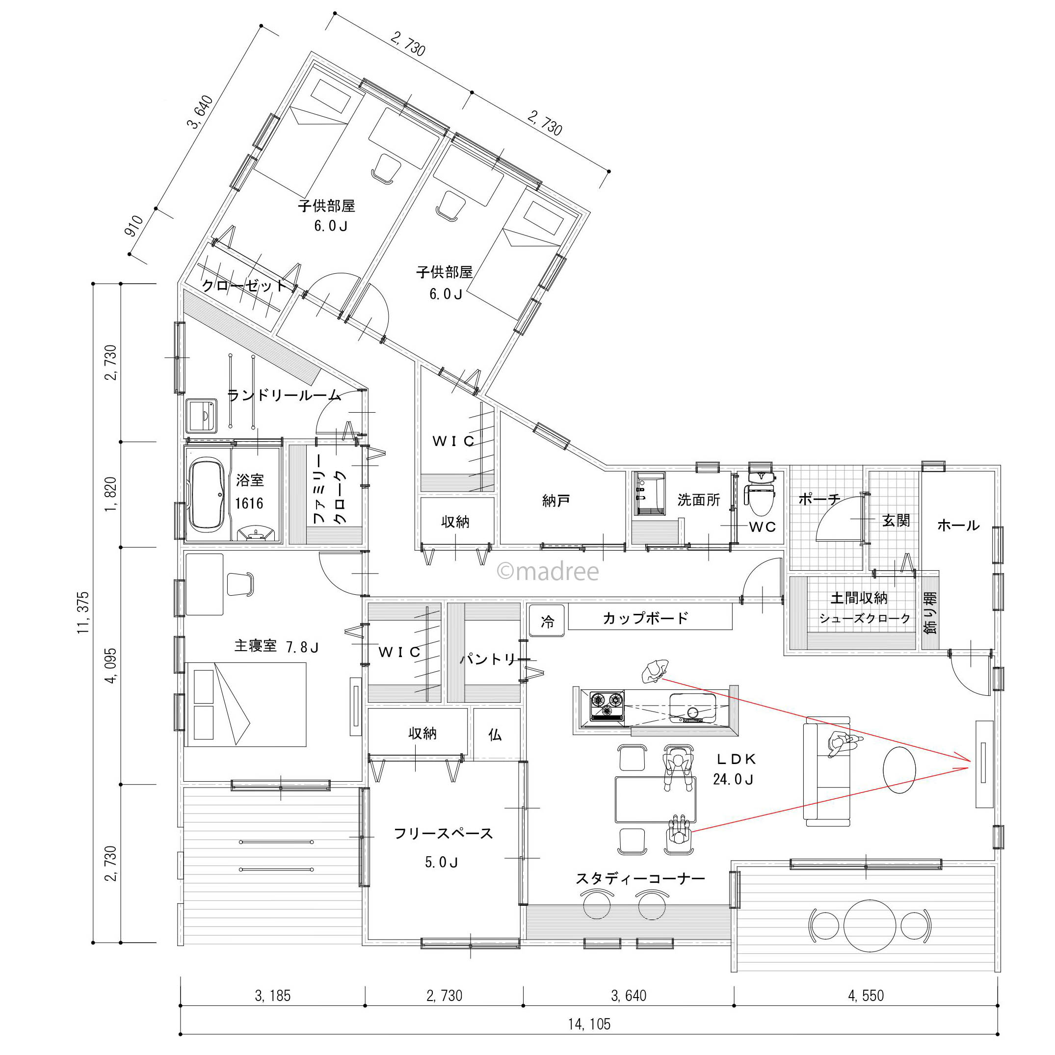 変形地を活かして太陽の光を存分に取り込む、ひだまりのようなLDKのある平屋