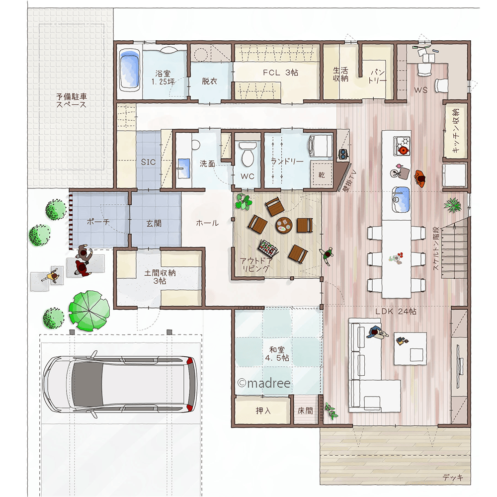 シュークロからぐるっとつながる裏動線、来客ウェルカムなアウトドアリビング囲む家