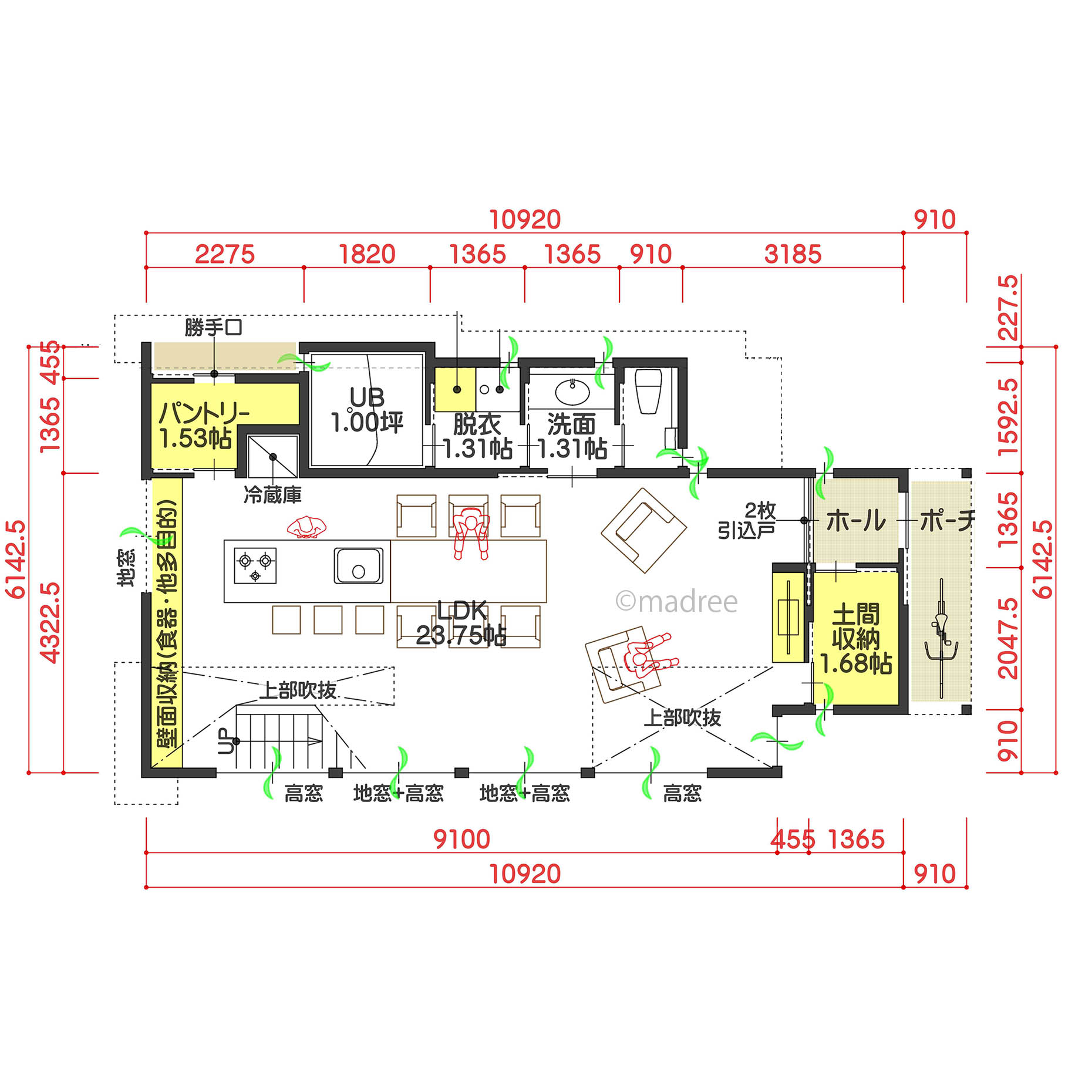 子どもの成長に合わせて部屋数も変更、ホールと個室で広々ワンルームになる家