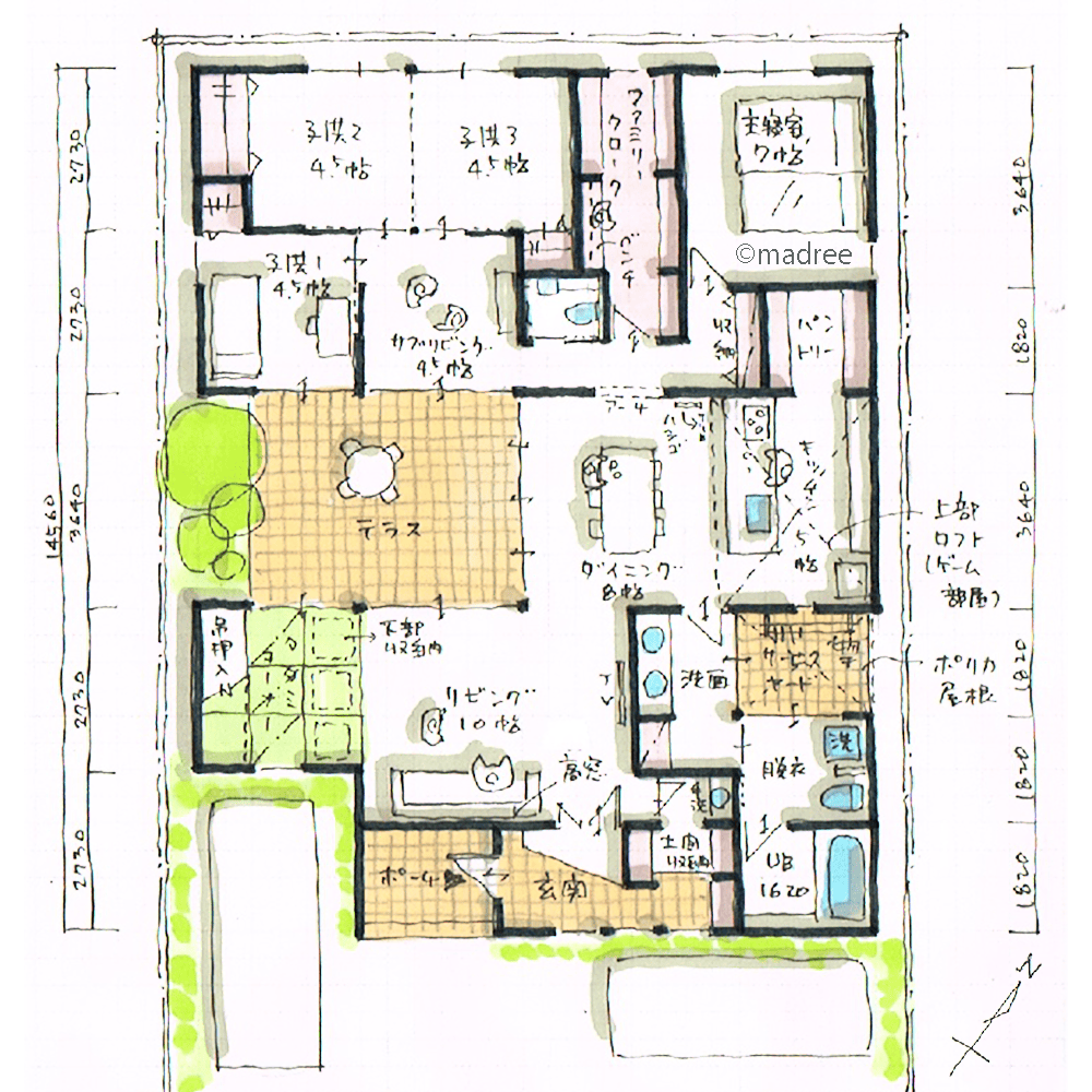 2つのテラスでON/OFFが充実、プライバシーと開放感を両立したコの字型の家