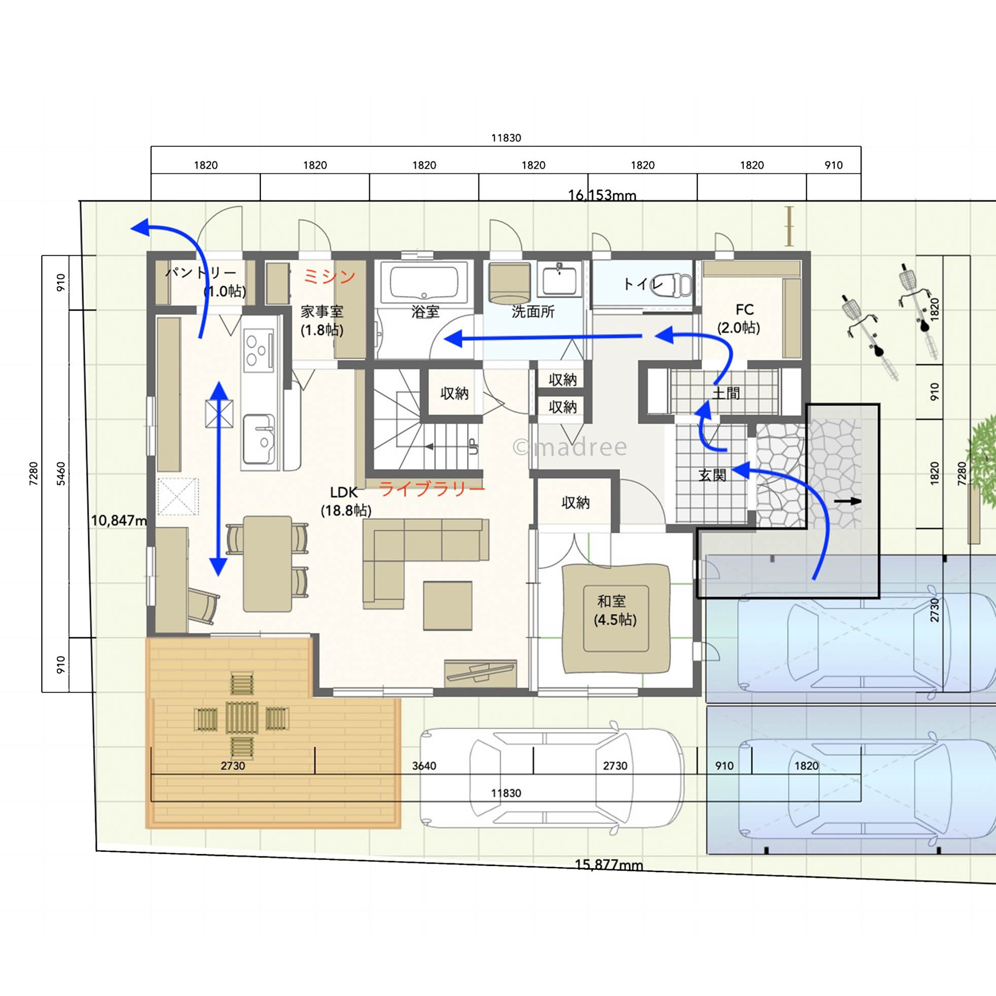 家事に寄り添う動線で暮らしが充実！吹き抜けで家族が繋がる明るいリビングのある間取り