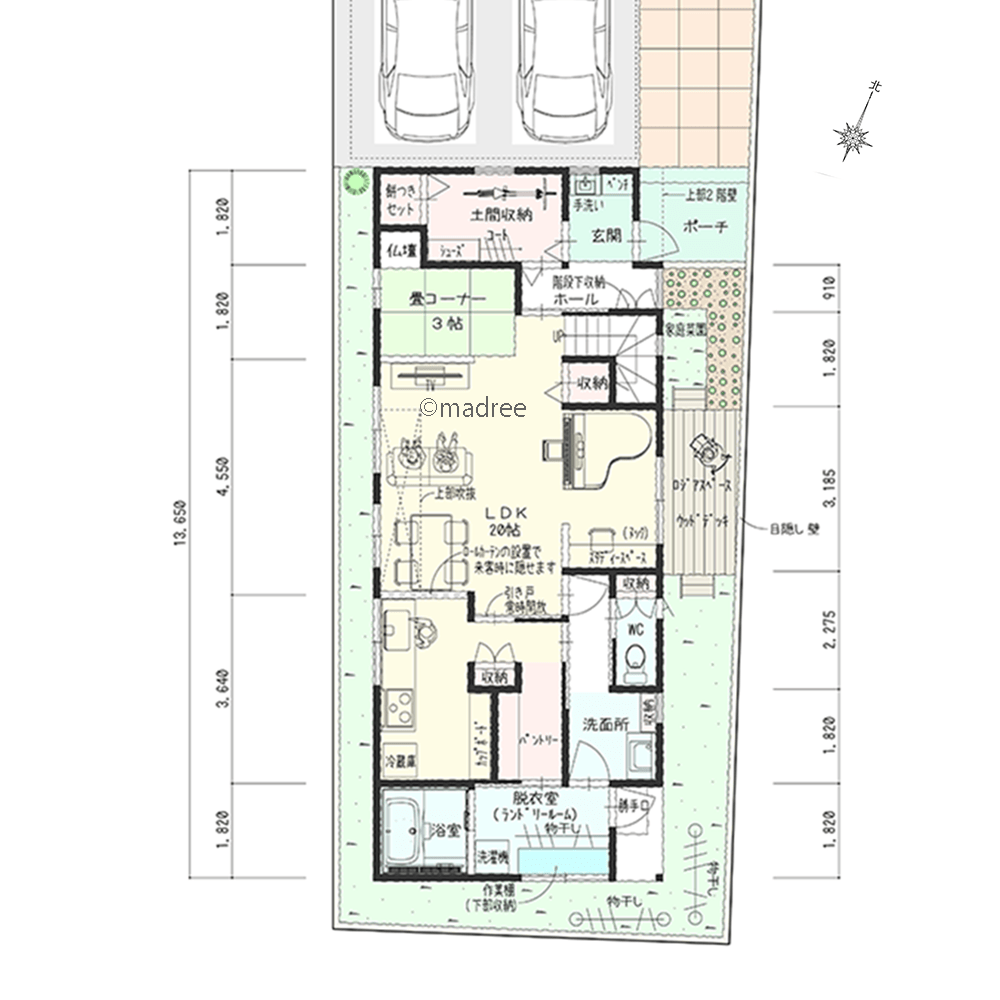 壁を少なくカーテンでフレキシブルに対応、動線良く繋がる介護を見据えた家