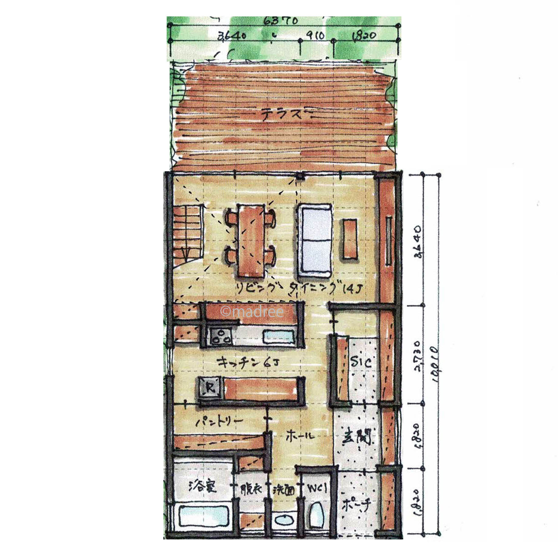 奥まった落ち着きのあるLDKから、テラス越しに公園の自然を堪能できる家