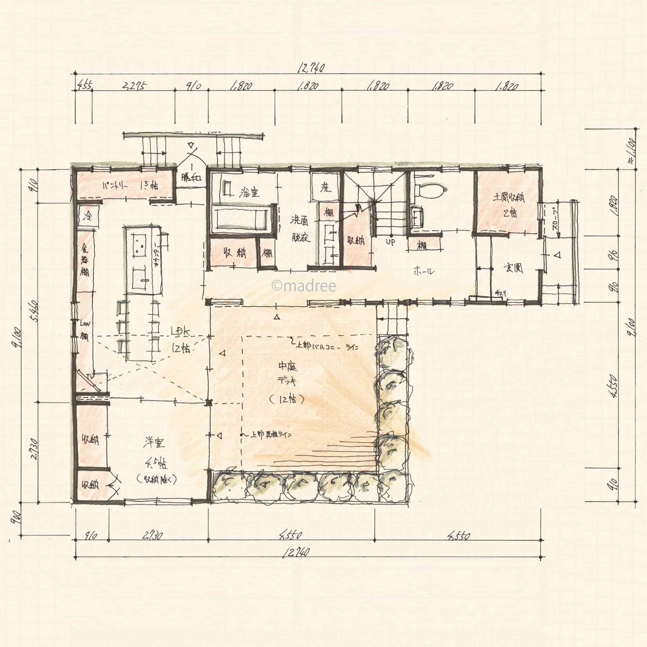 南北の窓へ光と風が通り抜ける、開放的な中庭デッキを囲むL字型の家