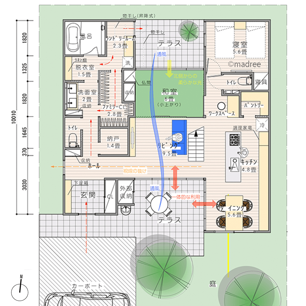 ２つのプライベートテラスから光と風呼び込む、１階で生活完結する将来を見据えた家