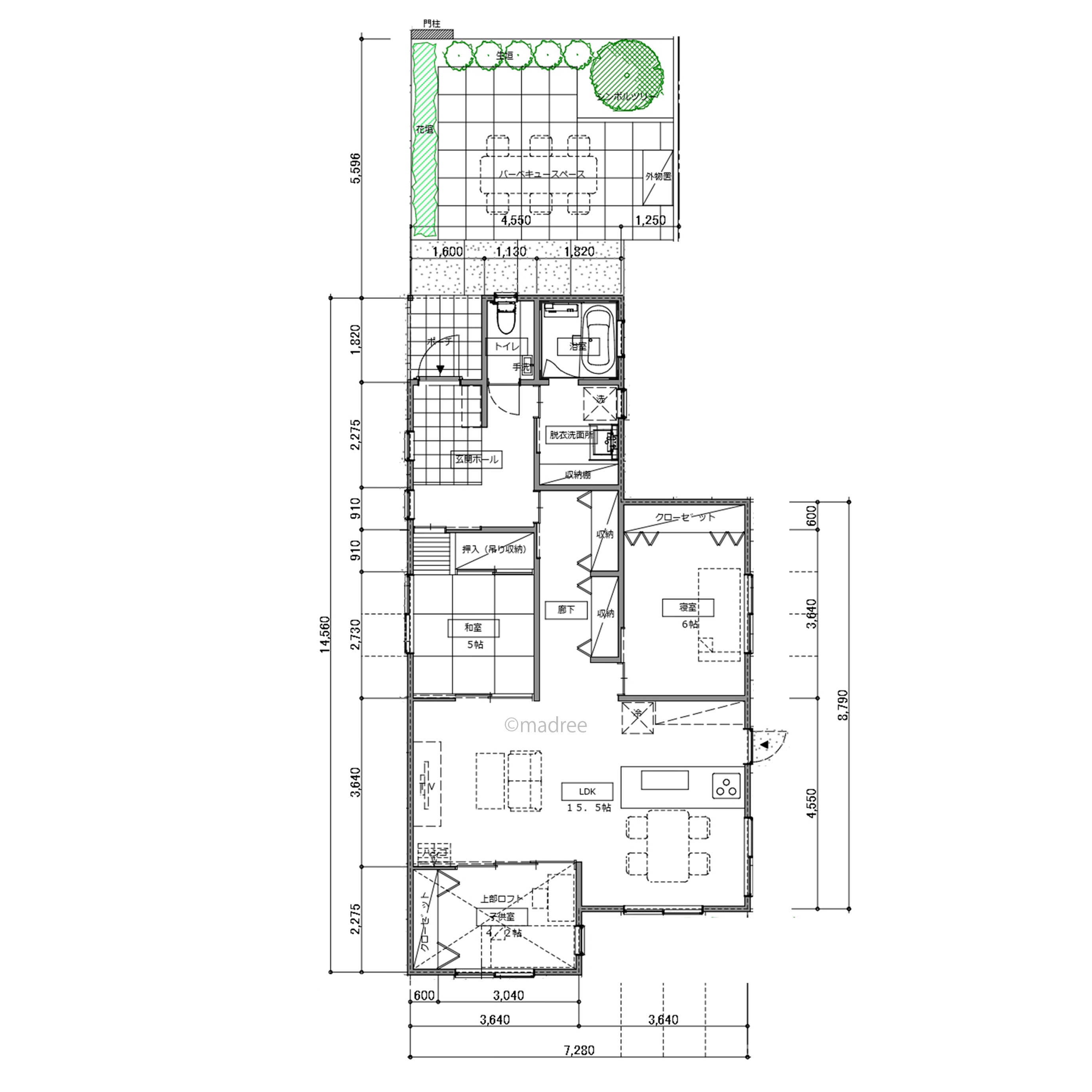朝日で気持ち良い朝を迎える、家族が集まる温もりリビングのある平屋