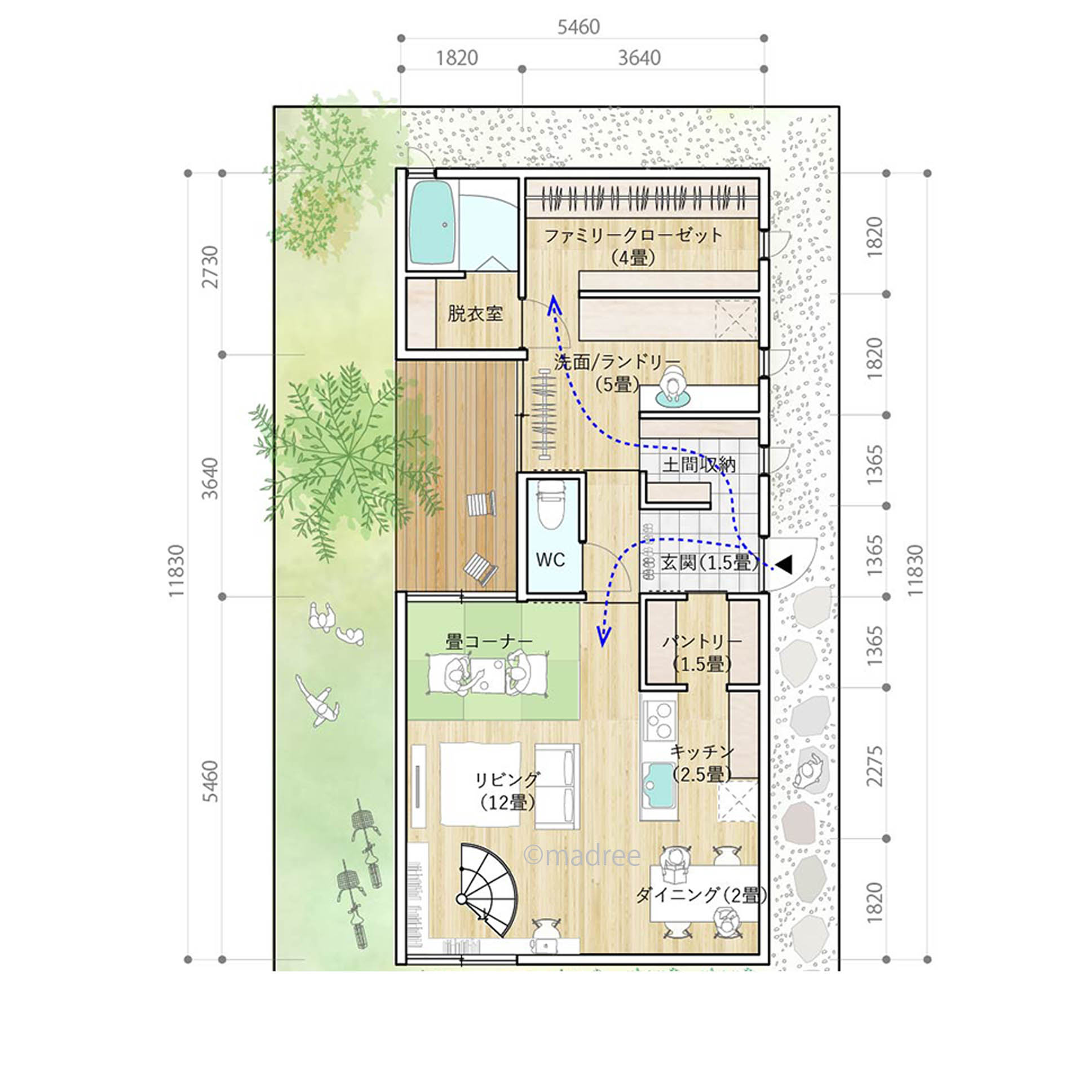3WAYの帰宅動線でスッキリ片付く、螺旋階段のある明るい家