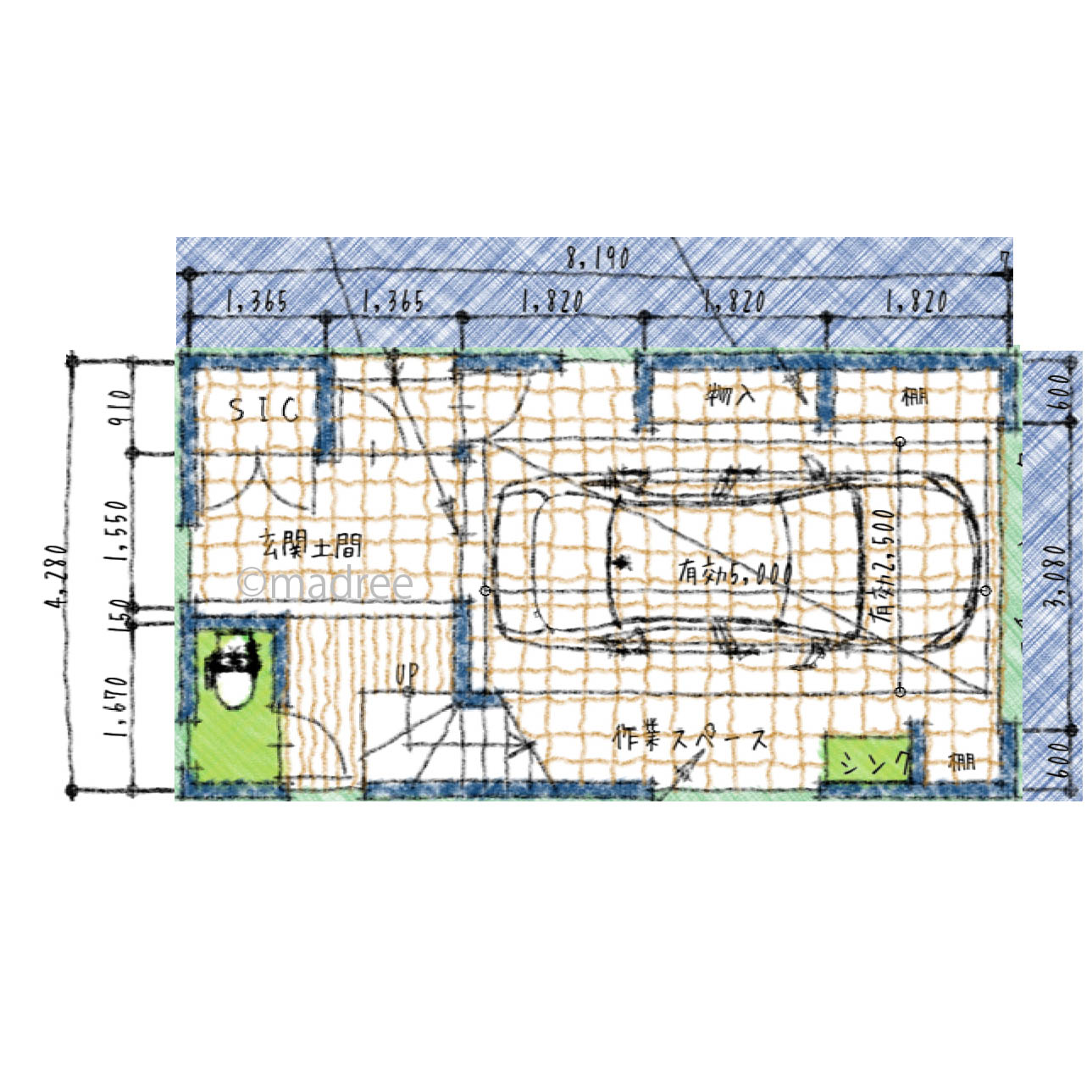 食事ができるカンターテーブルで家族団欒しやすい、夫婦別室の狭小地３階建ての家