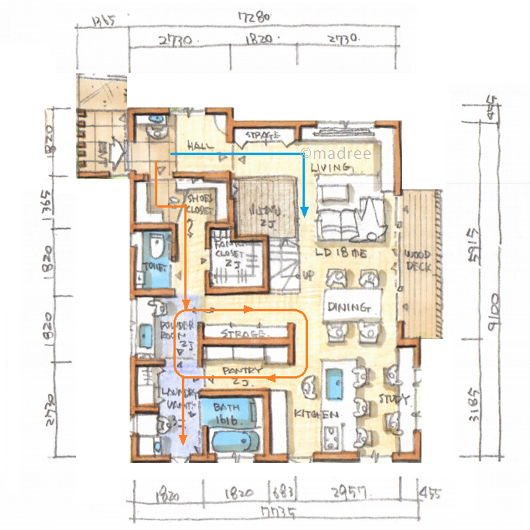 一直線の帰宅動線で家が自然と整う、縦横に視線が抜けるオープンな家