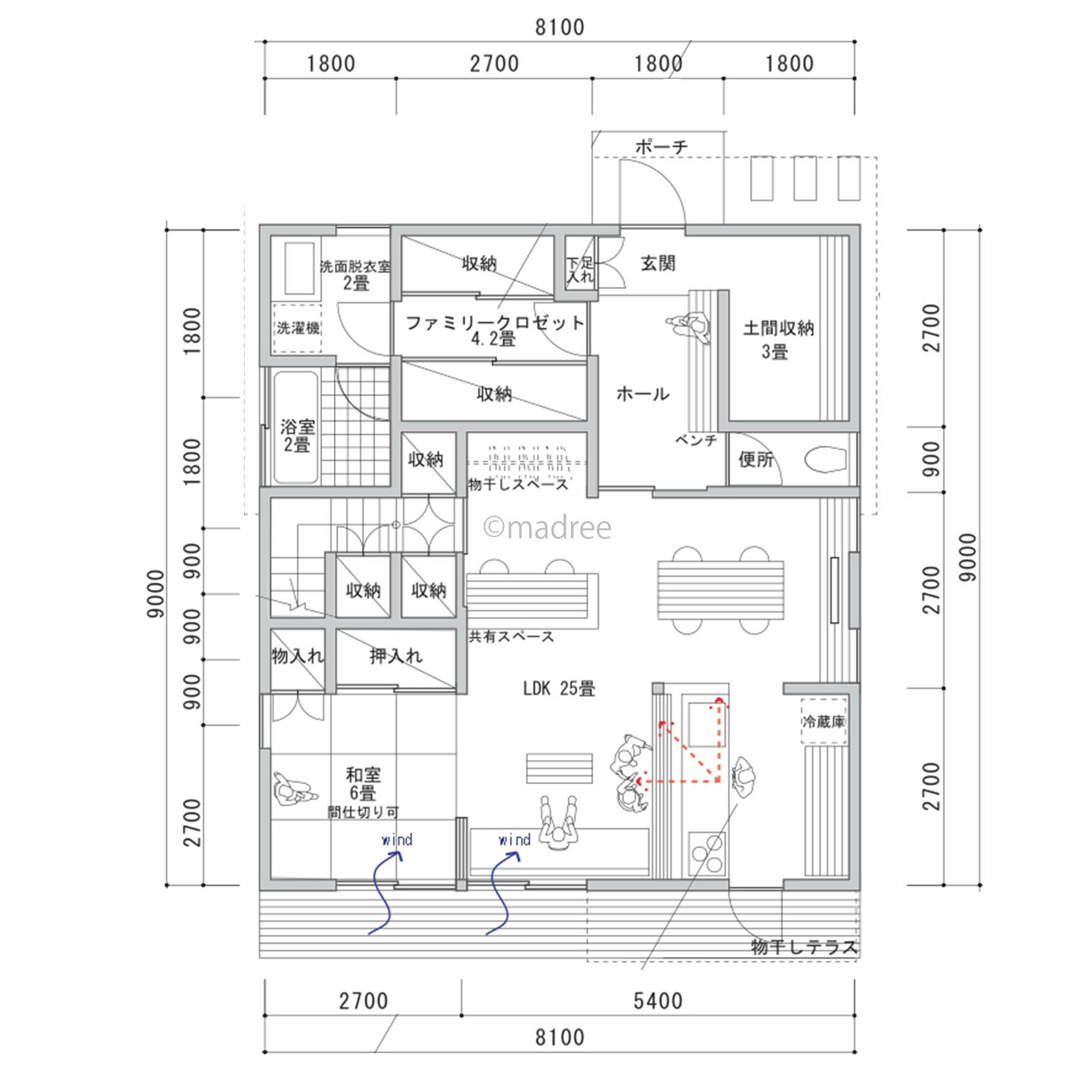 スポーツ後はお風呂へ直行、玄関近くに水廻りのある平屋風暮らしの家