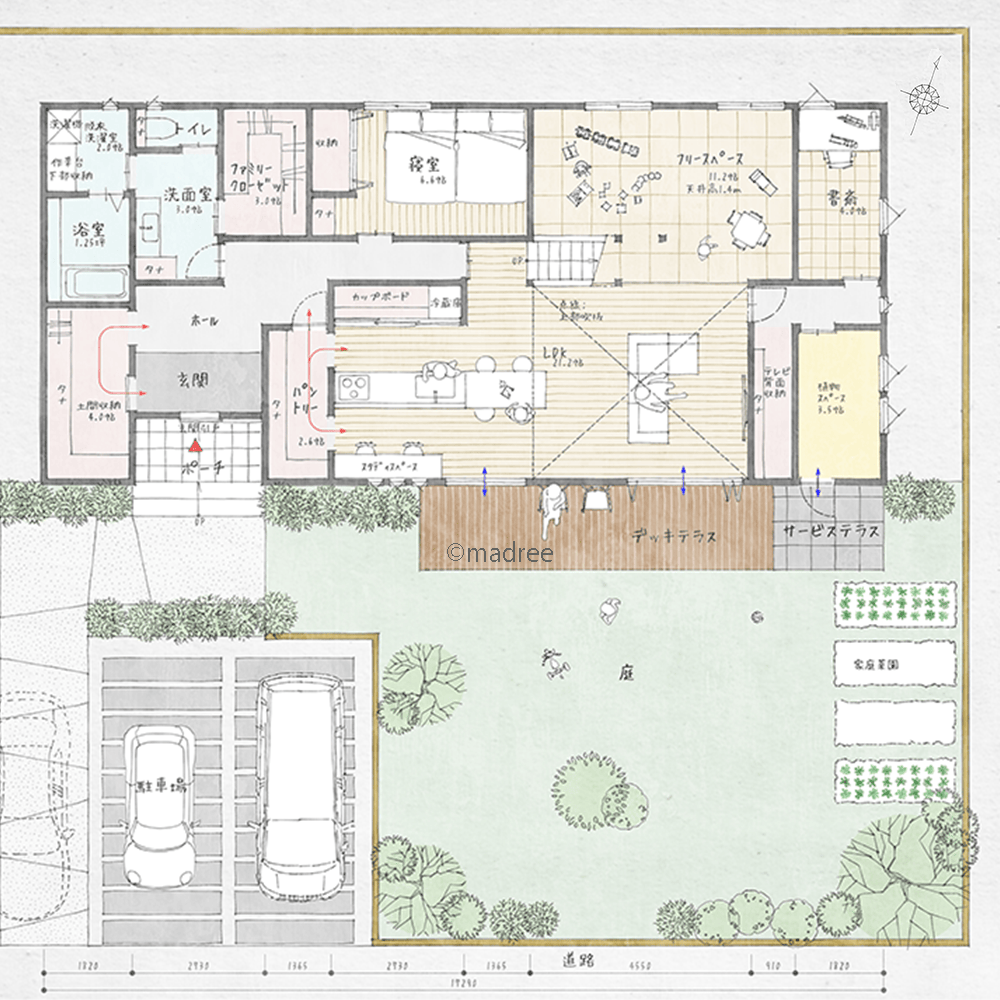 空間に段差で変化をつける、プライベートな子ども部屋が中二階にある平屋