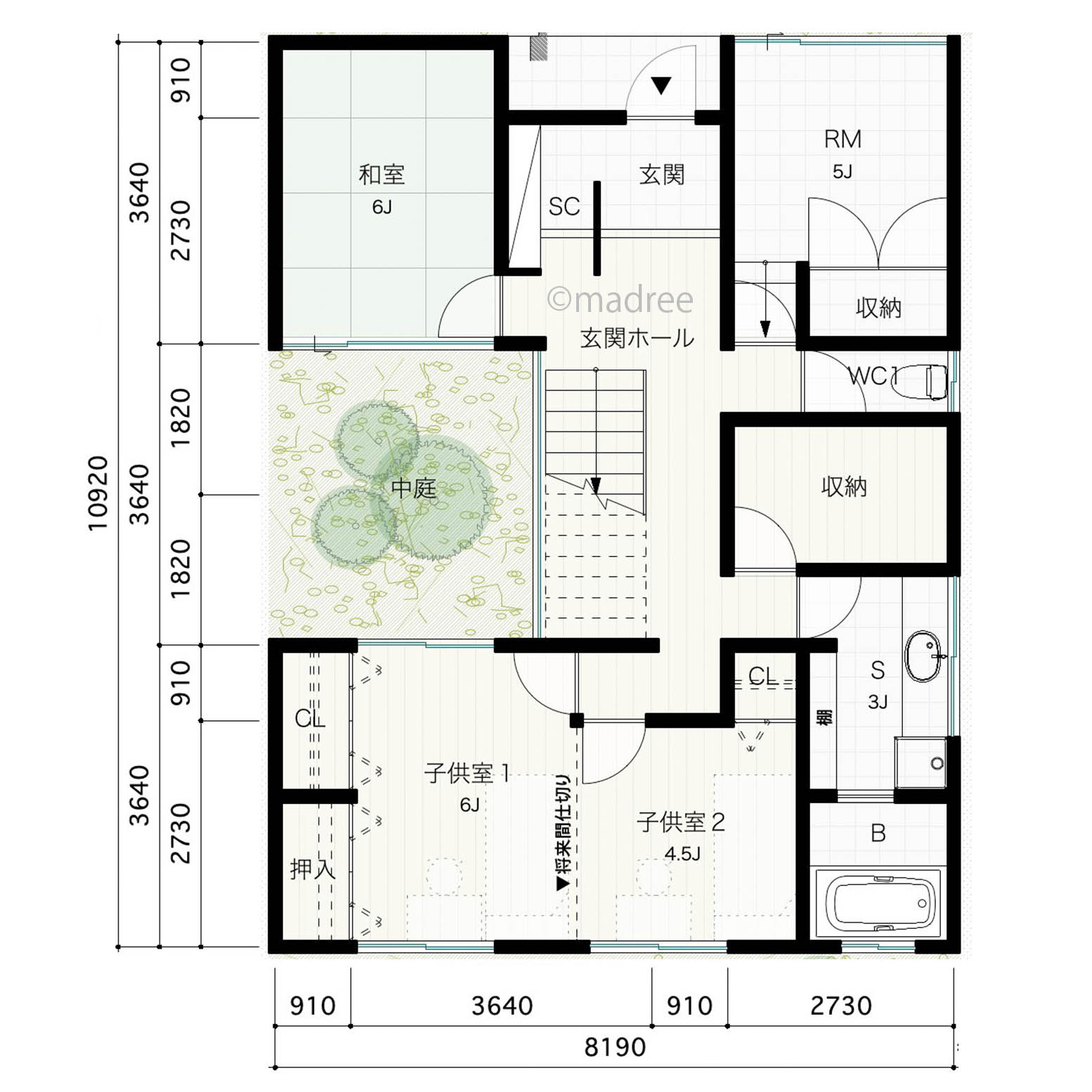プライバシーを守りつつ、緑に囲まれたように暮らせる中庭のある家