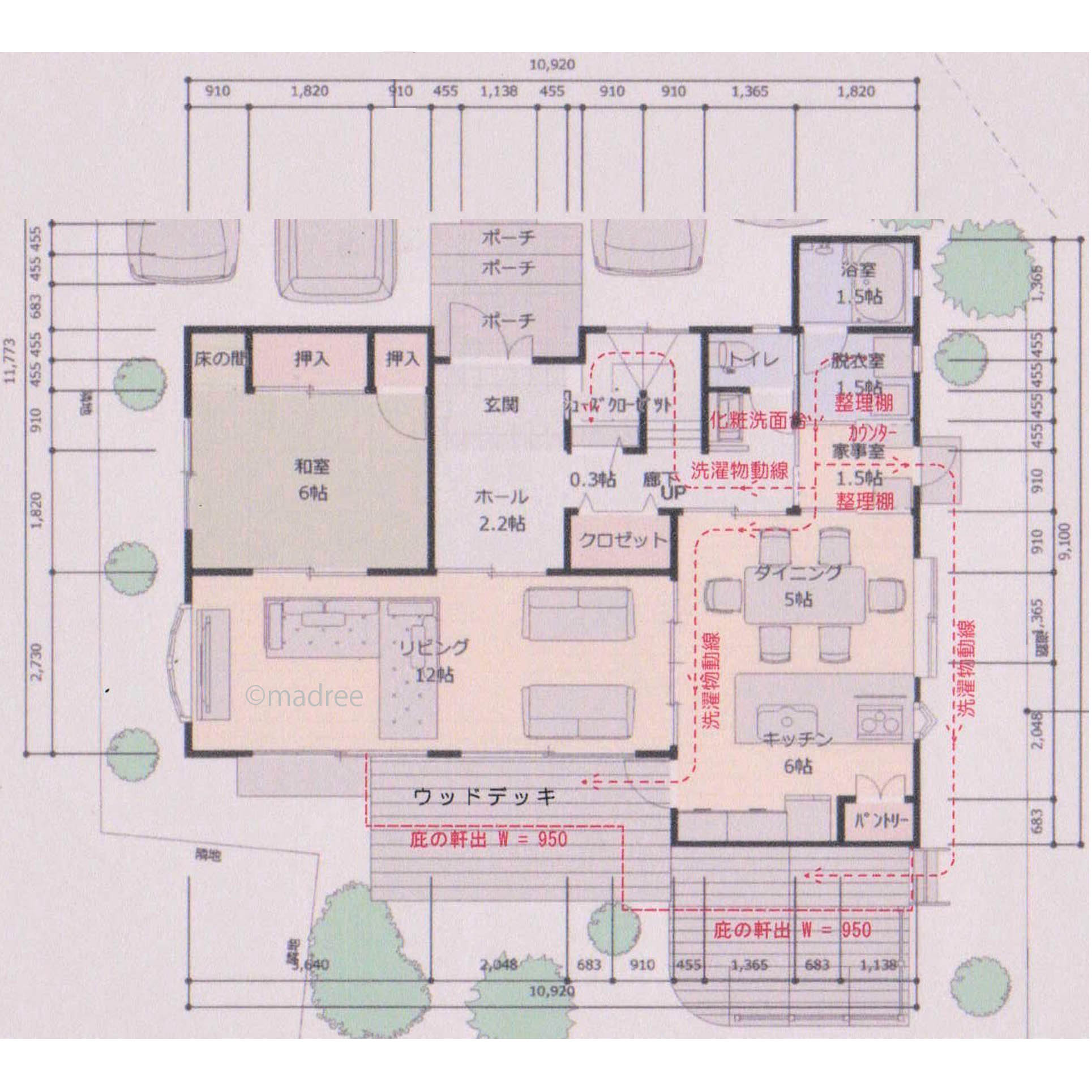 アウトドアリビングでおうちキャンプ、来客の視線から隠れた裏動線のある家