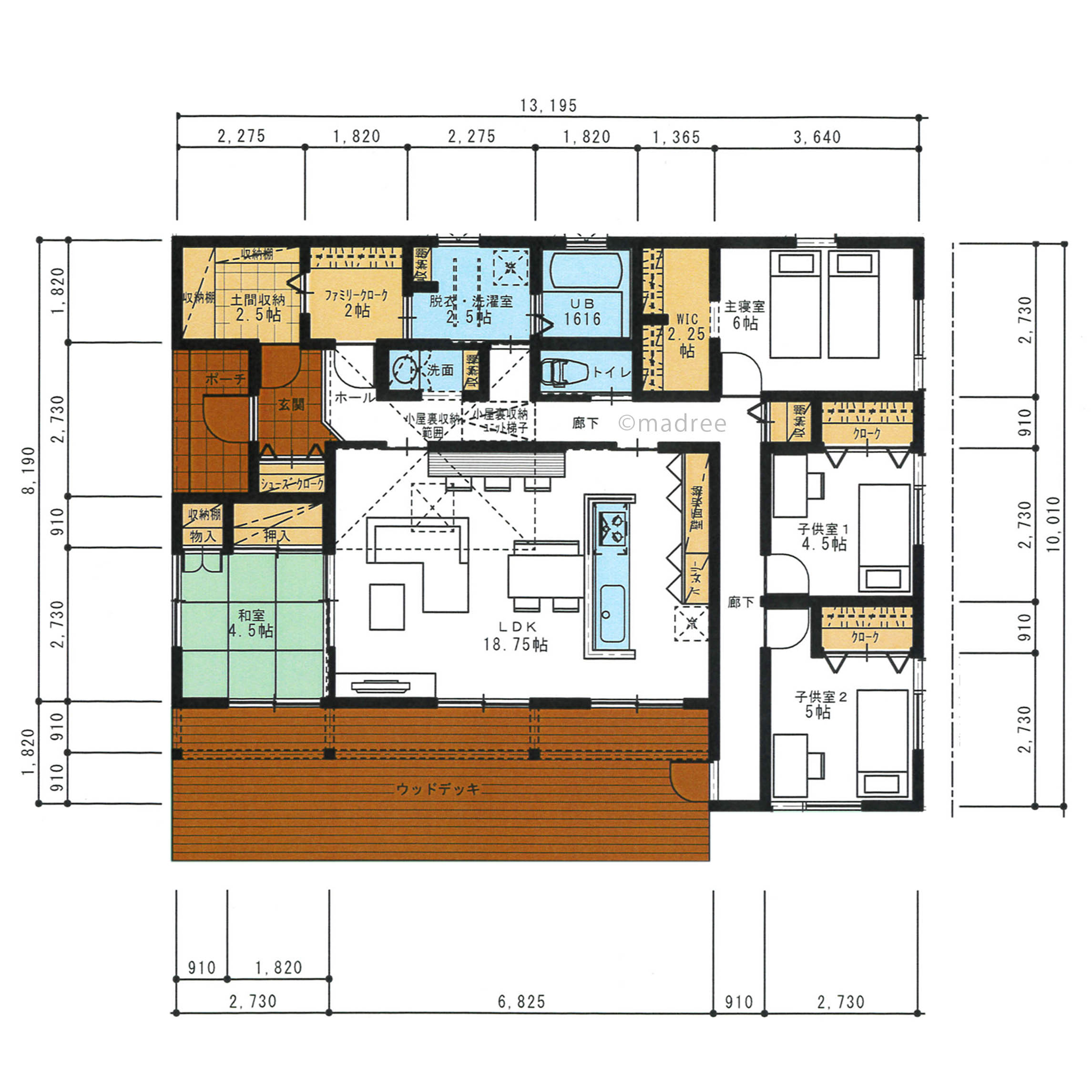 真ん中LDKと広々ウッドデッキで家族が自然と繋がる小屋根裏収納付きのほぼ平屋