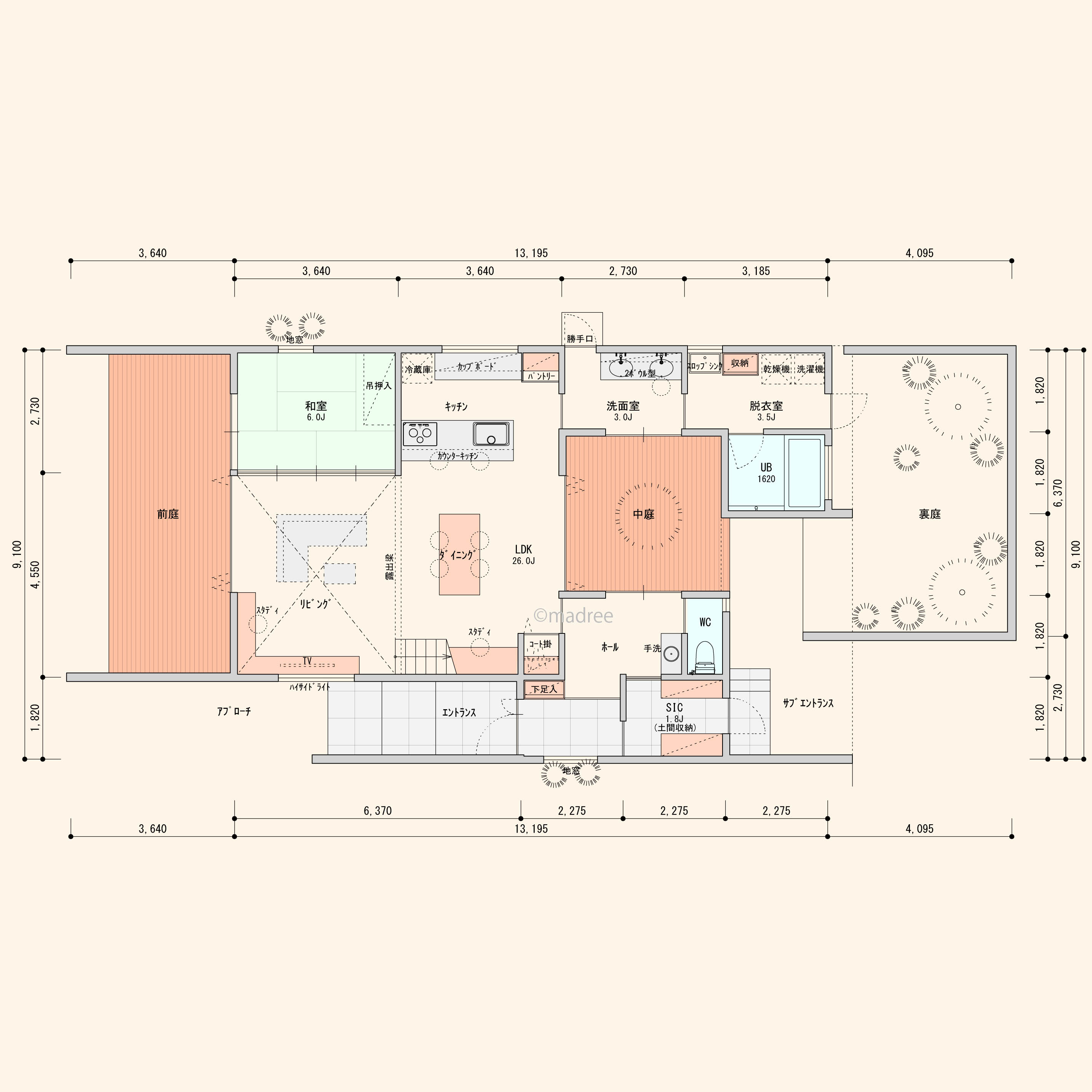 3種の庭よりどこからも光が降り注ぐ、縦長の土地を最大限に活かした家