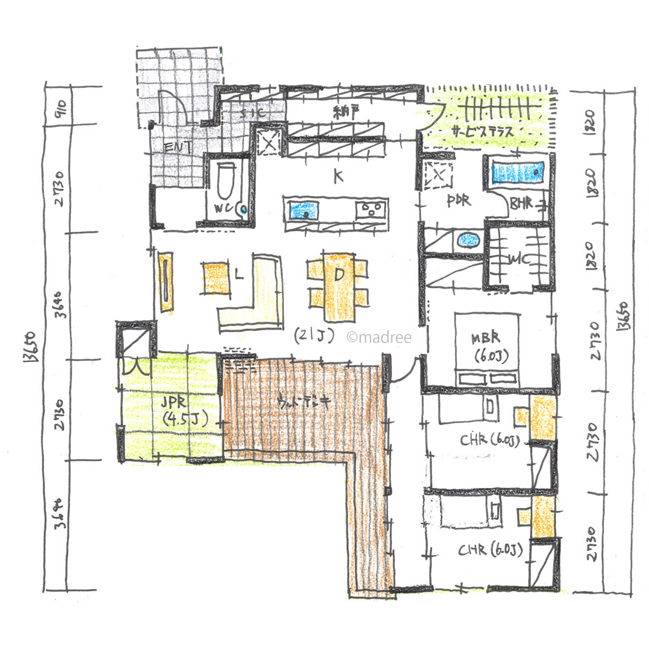 各部屋収納で散らかりを防止、LDKの向こうへ広がる田園風景を楽しむ平屋