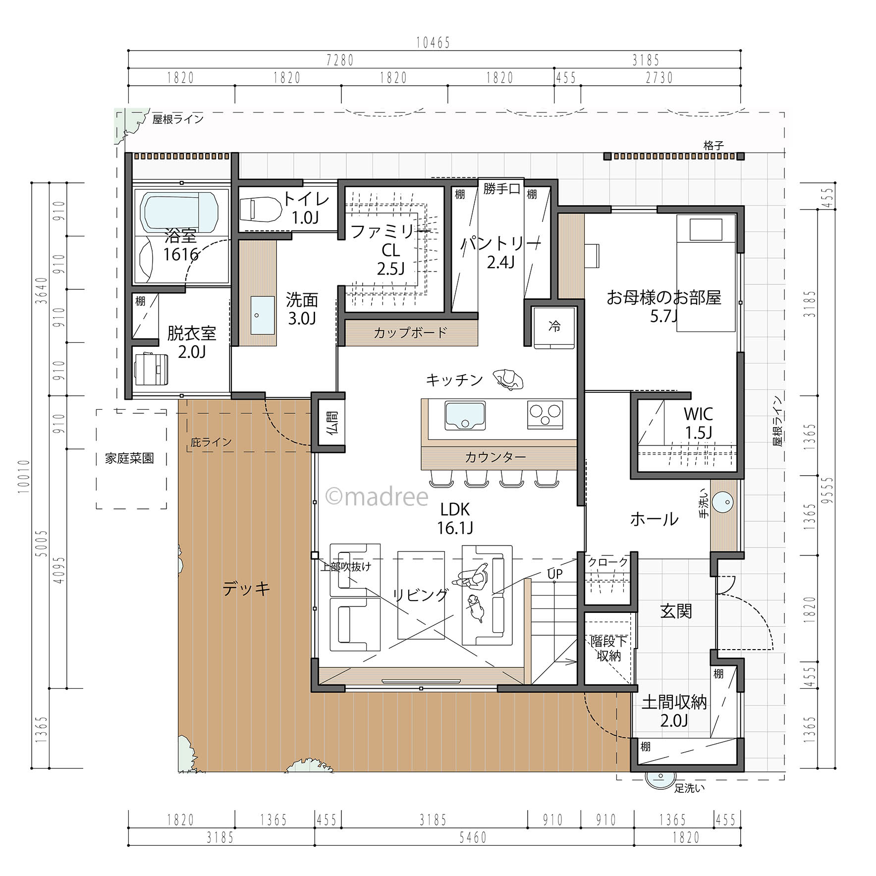 愛犬も喜ぶ！リビングとL字型の広いデッキを中心とした明るく開放的な家