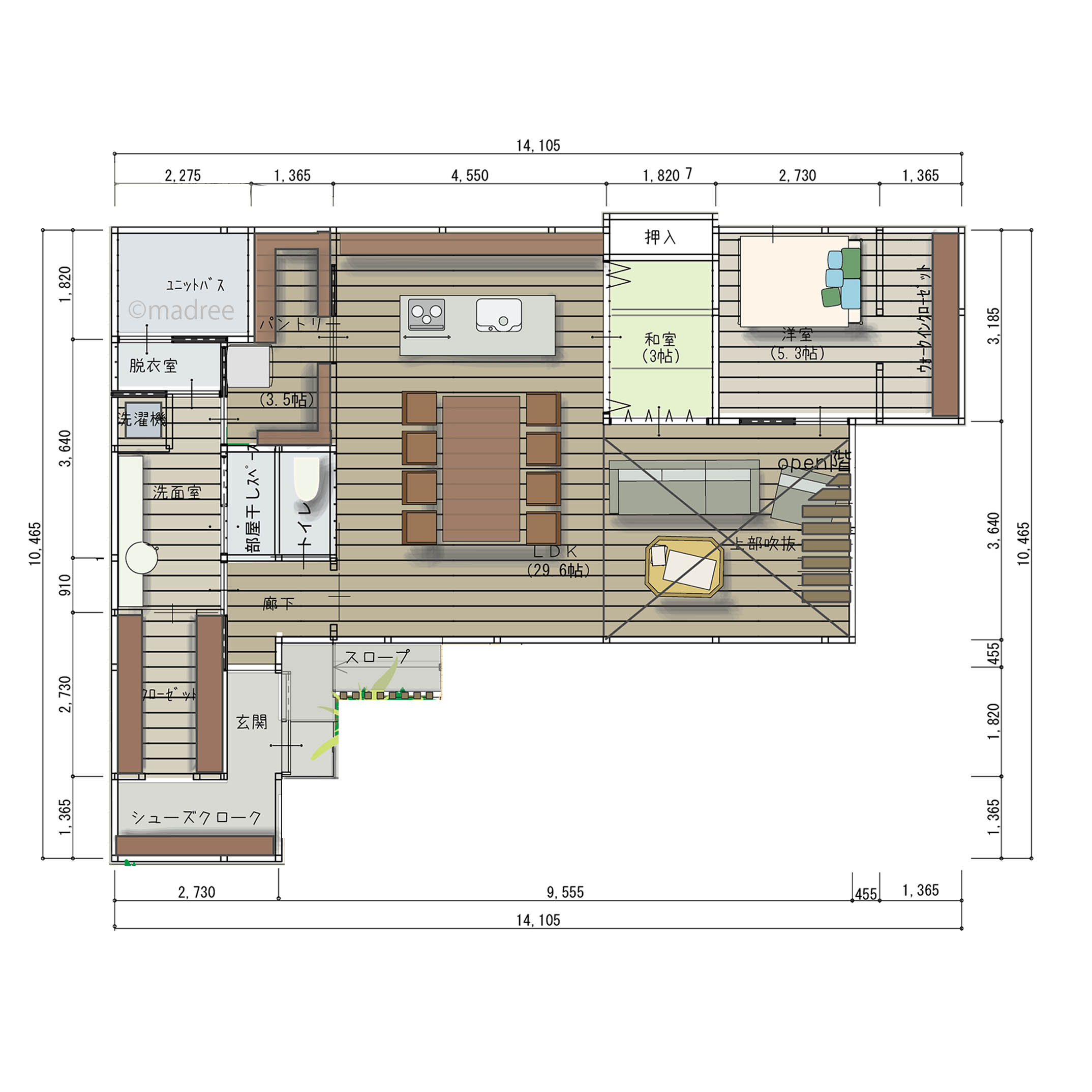 リビング吹抜とオープン階段で広がる開放感、回遊動線でワンフロアが繋がる家