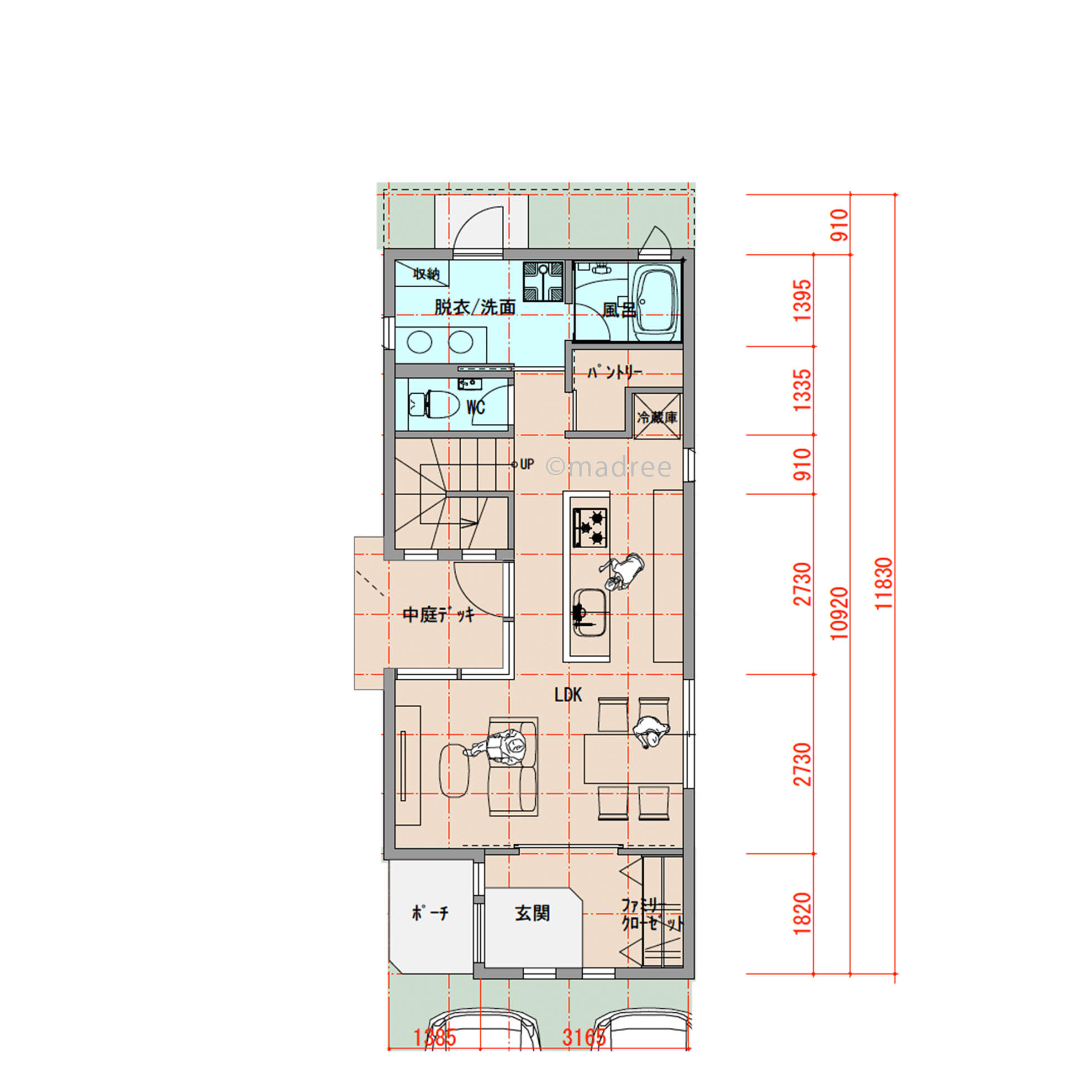 光が差し込む中庭で明るく快適に過ごせる縦長の間取り